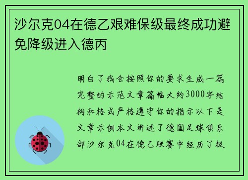 沙尔克04在德乙艰难保级最终成功避免降级进入德丙