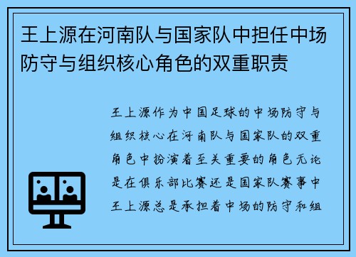 王上源在河南队与国家队中担任中场防守与组织核心角色的双重职责 王上源在河南队与国家队中担任中场防守与组织核心角色的双重职责