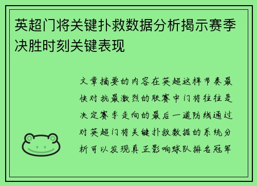 英超门将关键扑救数据分析揭示赛季决胜时刻关键表现